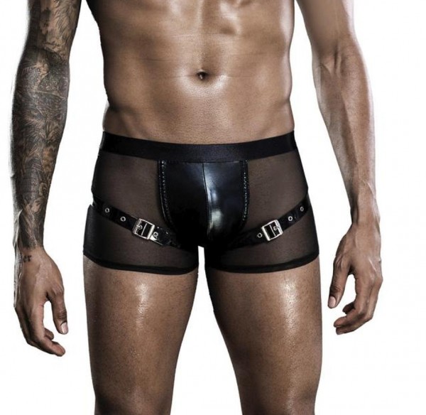 Herren sexy schwarze Wetlook Shorts Slip Boxershorts mit Bänder und Schnallen glänzend Netz