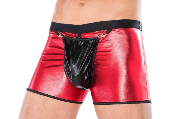 Herren Dessous Boxershorts schwarz rot aus wetlook Material mit Öffnung vorn und hinen Männer Shorts