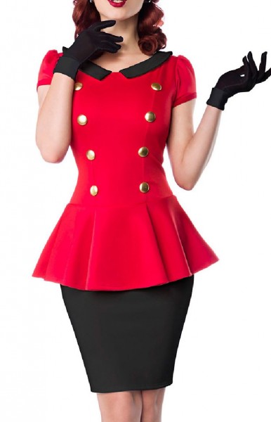 Rotes Schößchen Kleid mit schwarzen Rockteil und Bubikragen goldene Knöpfe Rockabilly Kurzarm Damen