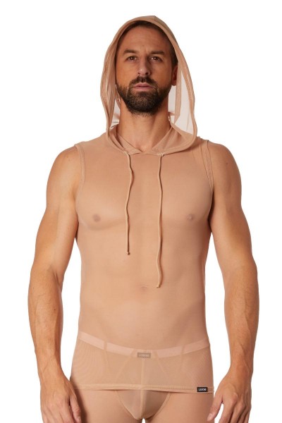 Transparentes Männer V-Shirt aus Tüll Material Herren Kapuzen Shirt elastisch ohne Ärmel