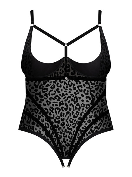 Damen Dessous Set offener Teddy mit Riemchen und Leopard-Muster in Schwarz transparent mit Spitze un