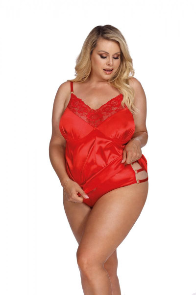 Rotes Damen Dessous Plus Size Set Shirt und Slip aus glänzendem Satin und Spitze Panty und Nachthemd