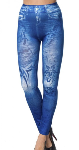 Blaue Jeans Leggings mit Totenkopf und Ziersteppungen Print und Waschung Design Taschen Druck elasti