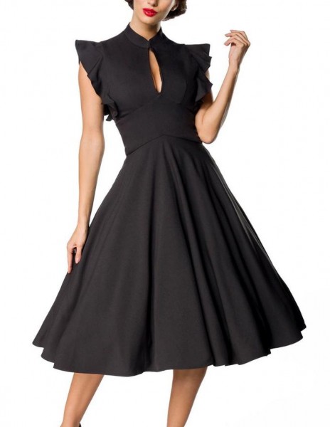 Schwarzes knielanges Vintage Kleid im High Waist Schnitt mit Gürtel und Schlitz-Ausschnitt Vollglock