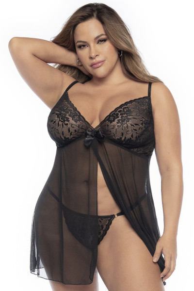 Schwarzes Babydoll Plus Size Negligee Set aus Babydoll und String schwarz transparent aus Netzmateri