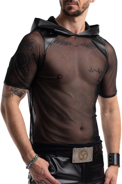 Schwarze Herren wetlook Hemd Shirt Kapuze mit transparentem Netz, Kragen und Kunstleder elastisch