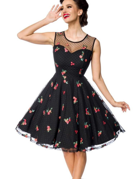 Schwarzes knielanges Swing Kleid im High Waist Schnitt mit Tellerrock und Tropfen-Ausschnitt Netzobe