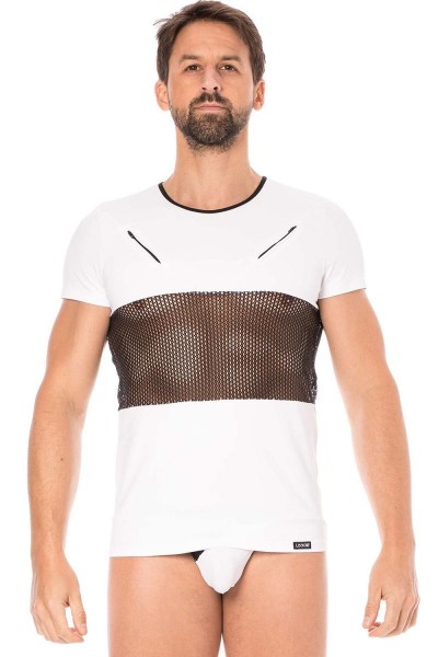 Herren T-Shirt in weiß mit schwarzem Netzeinsatz Männer Dessous Shirt elastisch kurzarm