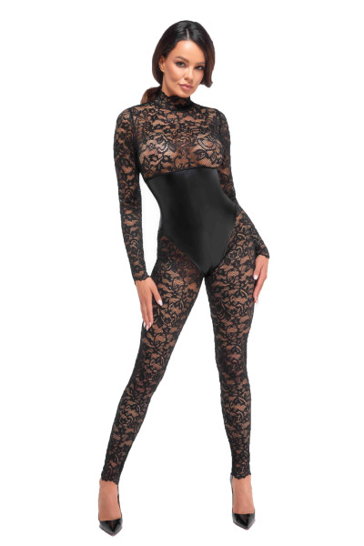 Schwarzer Damen Dessous Bodystocking mit Unterbrust-Corsage aus Spitze und wetlook Material mit Schn