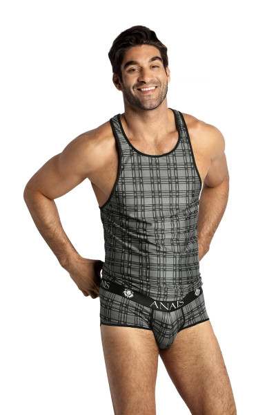 Schwarz garues Herren Tank Top aus glattem halbtransparentem Stoff mit Karo Muster Männer Muscle Shi