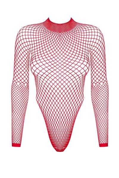 Frauen Grob Netz Dessous Teddy Body in Rot mit Multistretch und langen Ärmeln transparent Rückenfrei