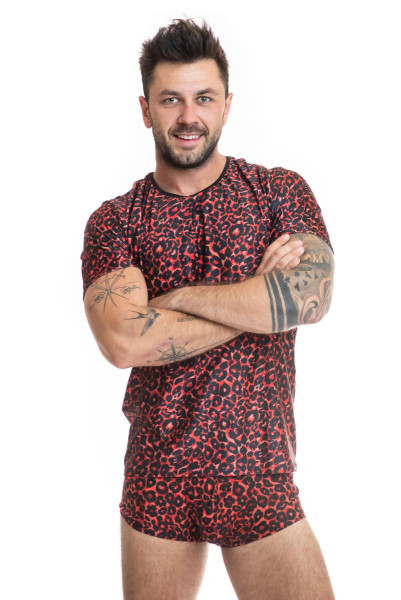 Herren T-Shirt schwarz rot aus glattem blickdichtem Stoff mit Leo Print hochelastisch und blickdicht