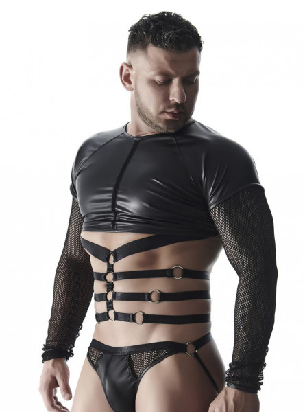 Herren Langarm-Shirt mit Harness in schwarz aus dehnbarem Netz und mattem Wetlook-Material