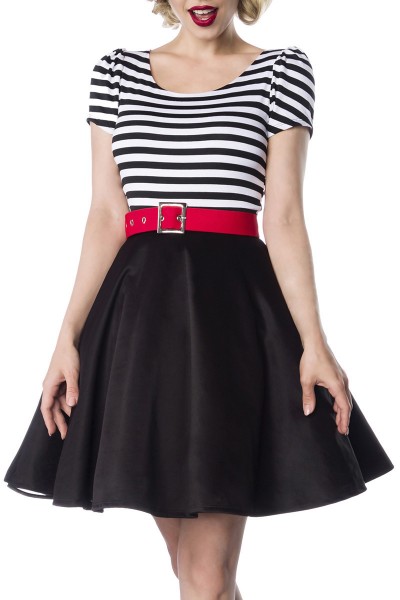Jersey Damen gestreiftes Vintagekleid mit weiß schwarzen Streifen und rotem Gürtel im Marine Look au