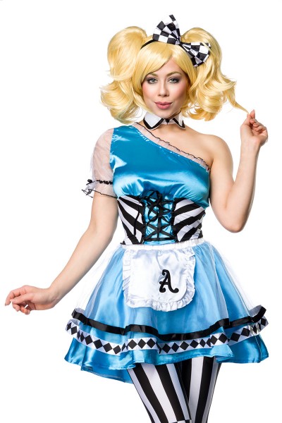 Damen Alice Kostüm Verkleidung mit Kleid, Haarreif, Kragen, Stockings mit Satin Material glänzend