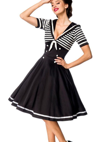 Schwarzes knielanges Swing Kleid im Marine Schnitt mit Knöpfen und Matrosenkragen gestreift und kurz
