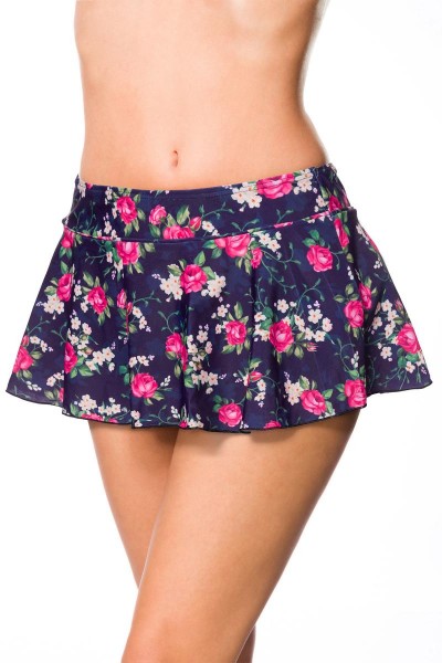 Elastisches Damen Bikiniunterteil Höschen Rock Beinausschnitt und Blumen Muster blau rosa Baderock