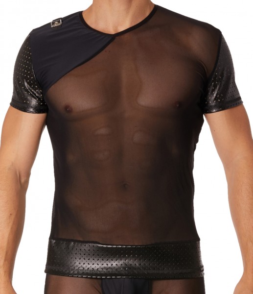 Schwarzes Herren T-Shirt Dessous Shirt aus Kunstelder und Tüll teiltransparent Männer Unterwäsche er