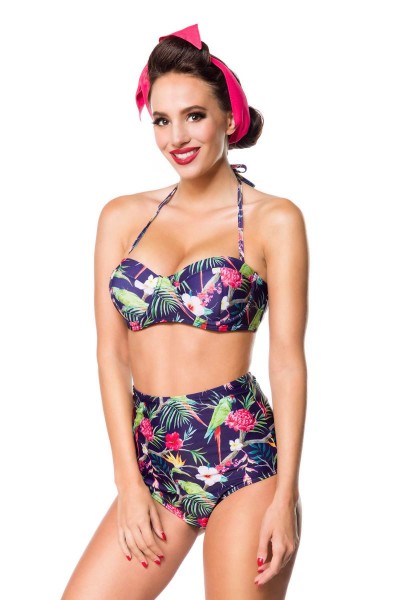 Elastischer Damen Bikini Träger Neckholder Top und Blätter Blüten Papagei Muster blau bunt Push Up