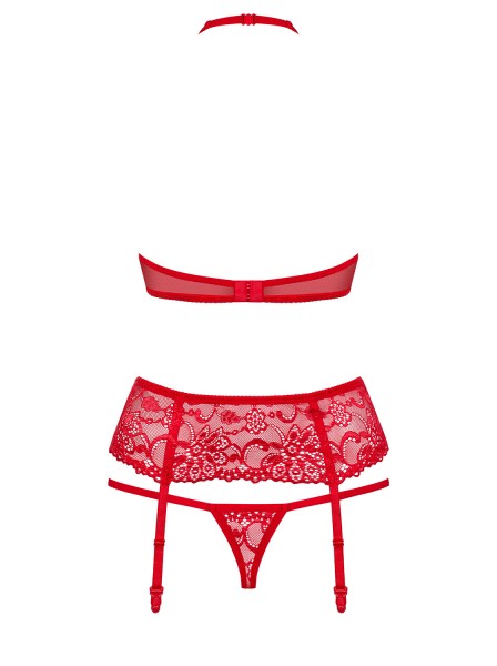 Damen Dessous Straps Set Strapsgürtel und Bänder BH tiefer Ausschnitt rot aus Spitze transparent mit