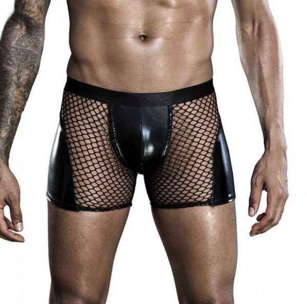 Herren sexy schwarze Wetlook Shorts Slip Boxershorts mit Grobnetz und Kunstleder glänzend Netz