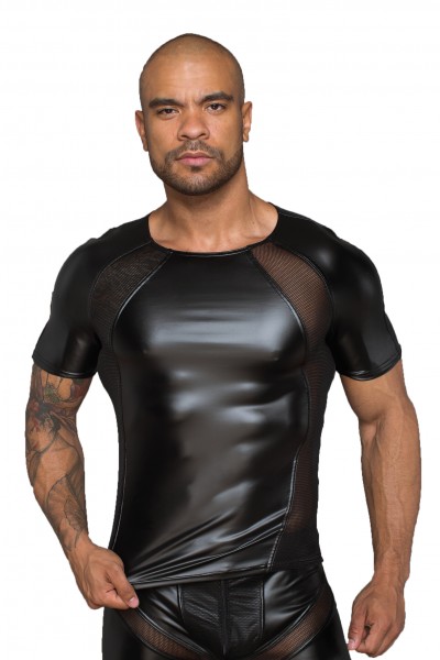 Herren T-Shirt aus wetlook Material mit 3D Netzeinsätzen in schwarz erotisches Männer Shirt
