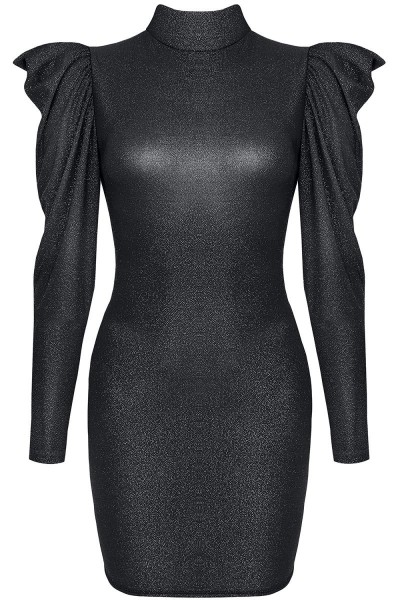Schwarzes Minikleid mit langen Ärmeln, Kragen und Rückenausschnitt elegantes Abendkleid kurz glänzen