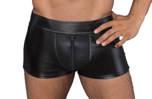 Herren Shorts aus Wetlook Material schwarz erotischer Männer Slip kurze Hose blickdicht mit Netzeins
