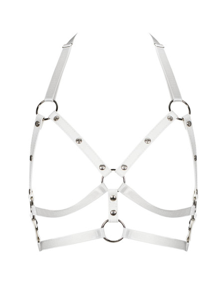 Frauen Dessous Wetlook BH Reizwäsche Harness als Oberteil in Weiß Stretch Riemchen Weiß Metallring B