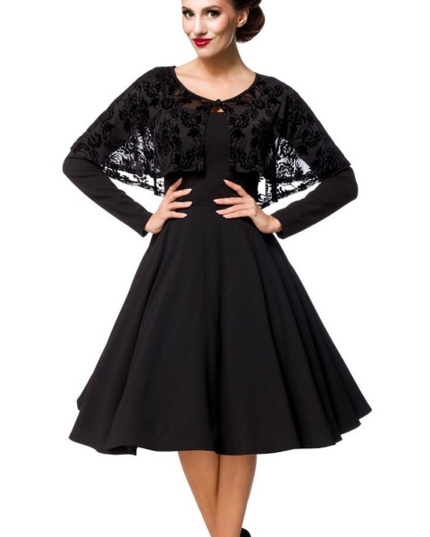 Schwarzes knielanges Swing Kleid im High Waist Schnitt mit Cape und Herz-Ausschnitt Vollglocke und F