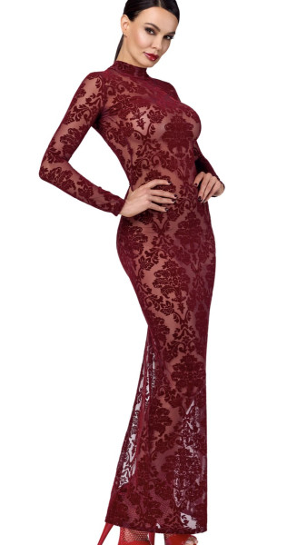 Damen Tüll Kleid rot mit Netz und Ausschnitt transparent offen Rückenausschnitt bodenlanges Kleid G