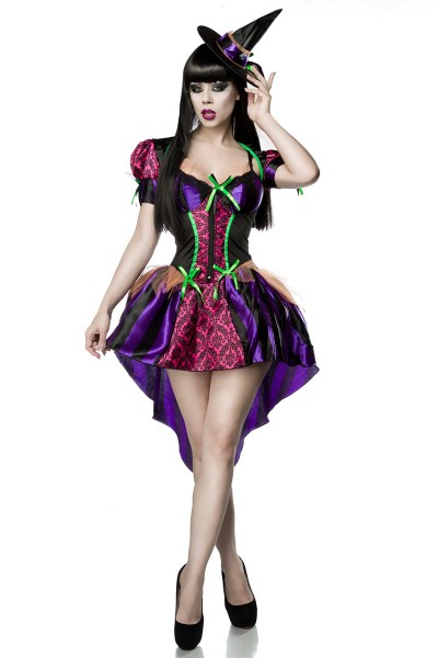 Damen Halloween Hexen Kostüm Verkleidung aus Kleid, Bolero, Hexen Hut, String in schwarz lila