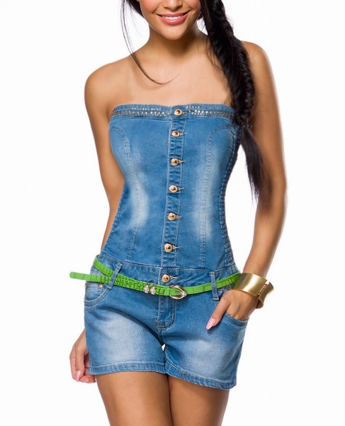 Blauer kurzer Jeansoverall mit Strass Rückenfrei und mit grünem Gürtel Bandeaukleid