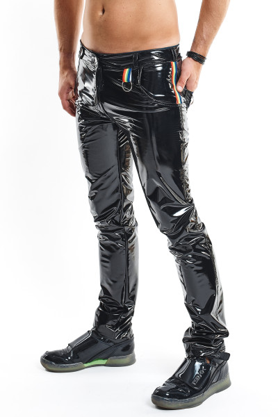 Lange Herren PVC Hose schwarz Männer wetlook Pants glänzend elastisch mit Taschen Knopf und Reißvers