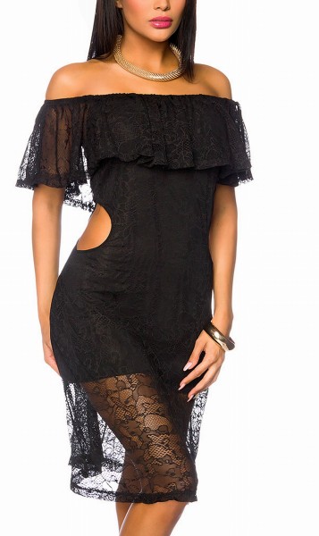 Schwarzes kurzes Kleid mit Carmenausschnitt und Spitze sowie Cutouts an der Taille