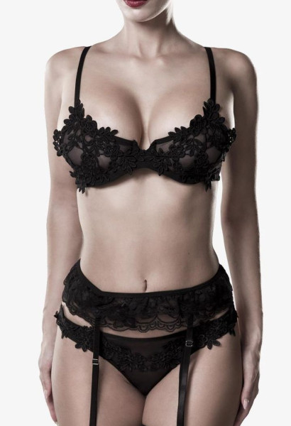 Schwarzes Damen Bra Bustier Spitzentop mit tiefem Ausschnitt Top Strapsgürtel und String BH Riemchen