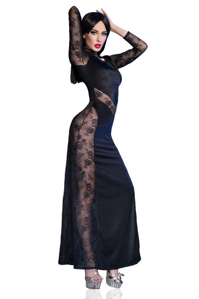 Frauen Dessous Negligee enges Maxikleid Partykleid in schwarz mit String matt und lange Ärmel Beinfr
