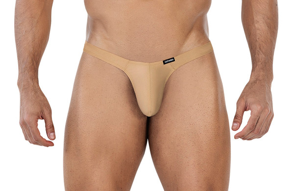 Beige goldener Männer Thong String Brazilian blickdicht elastisch Slip mit geformten Suspensorium