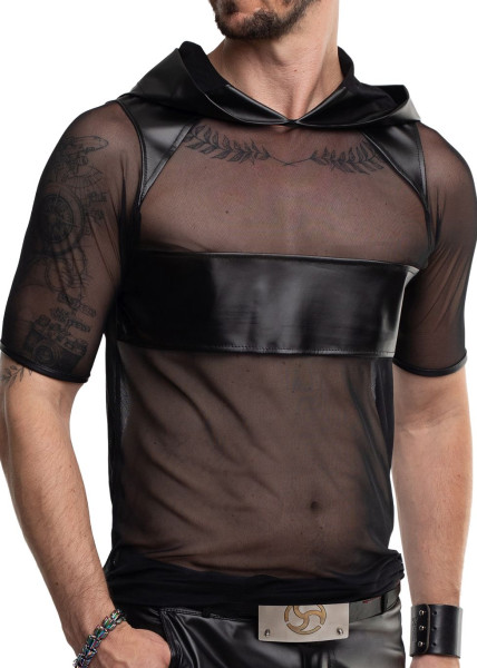 Schwarze Herren wetlook Jacke Shirt Kapuze mit transparentem Netz, Kragen und Kunstleder elastisch