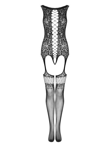 Frauen Dessous ouvert Neckholder Straps Bodystocking in schwarz transparent mit Riemchen und Rosen D
