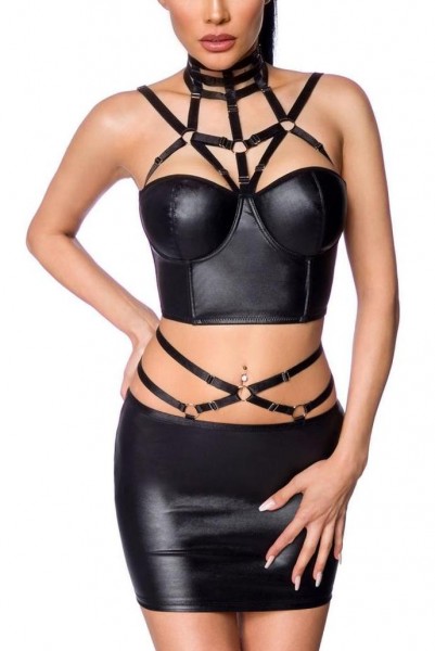 Erotisches Damen Bänderoutfit aus Top, Minirock und Ösen in wetlook schwarz Harness Set elastisch