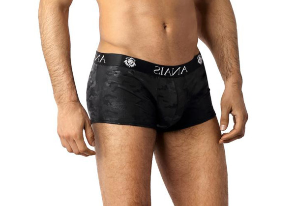 Schwarzer Herren Boxer aus blickdichtem Stoff mit schwarzen camouflage Print Männer Slip mit Tarnung