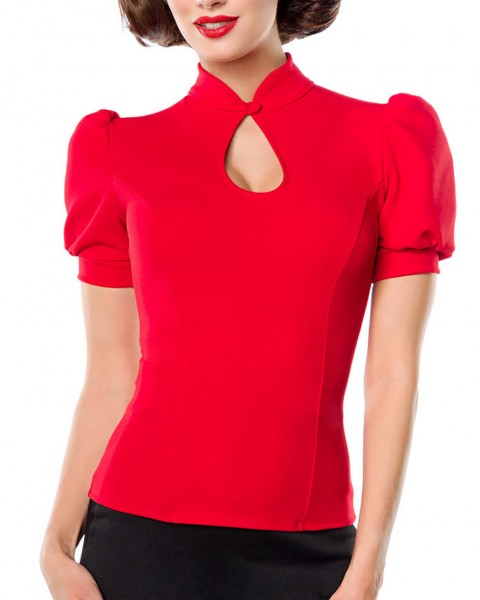 Rote Puffärmel Bluse mit Stehkragen und Tropfenausschnitt mit Knopf Jersey Bluse Rockabilly Kurzarm
