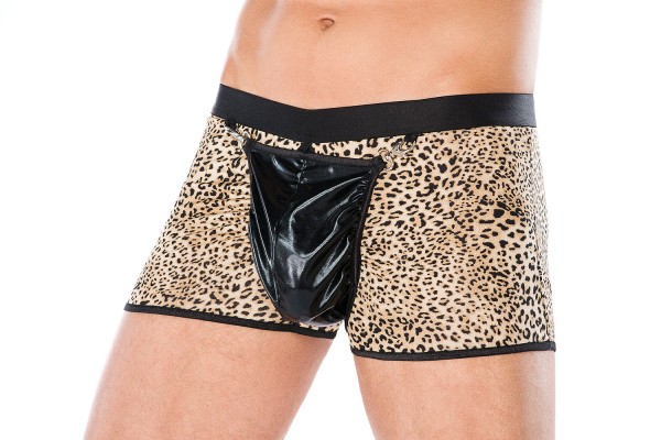 Herren Dessous Boxer-Shorts schwarz braun aus wetlook Material mit Panther-Muster Männer Shorts Unte