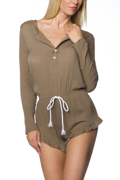 Damen Playsuit Hosenrock in beige Anzug Jumpsuit kurz langärmlig mit Rundhalsausschnitt