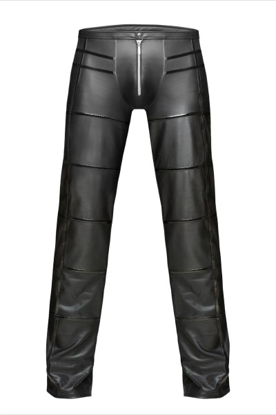Schwarze lange Herren wetlook Hose mit vorderem Reißverschluss und Streifen aus Lackmaterial Männer
