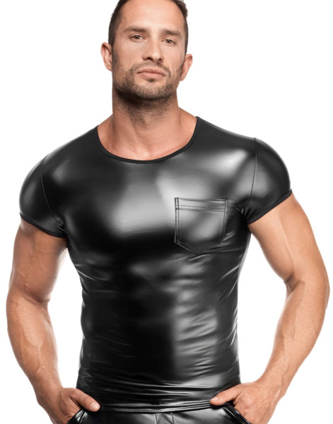 Glänzendes Herren T-Shirt schwarz aus Wetlook Material mit Brusttasche Rundkragen Männer Shirt kurza
