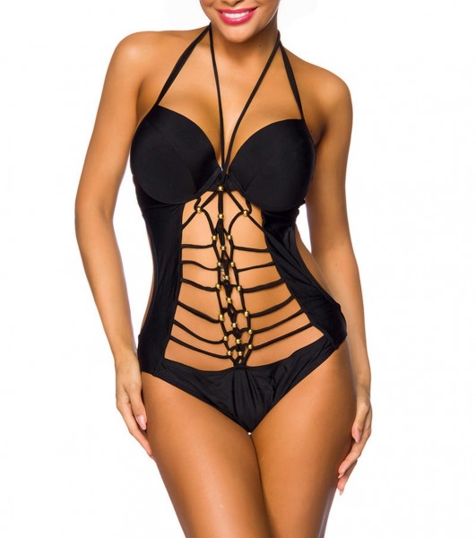 Schwarzer Monokini mit Cups und Cutouts Neckholder Minokini mit goldenen Verzierungen-Copy