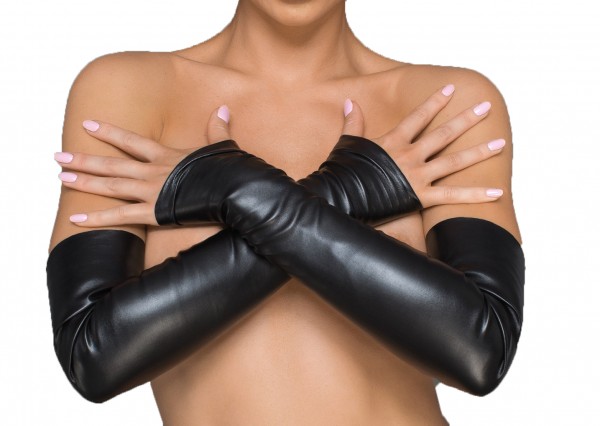 Frauen Dessous Armstuplpen aus elastischem Kunstleder schwarze lange Handschuhe fingerlos