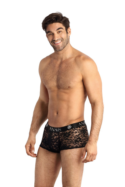 Schwarzer Herren Boxer Shorts aus transparenter dehnbarer Spitze und breitem Gummibund